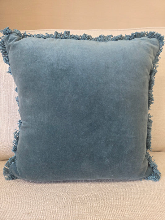 Cotton Velvet Fringed Cushion - Kingfisher