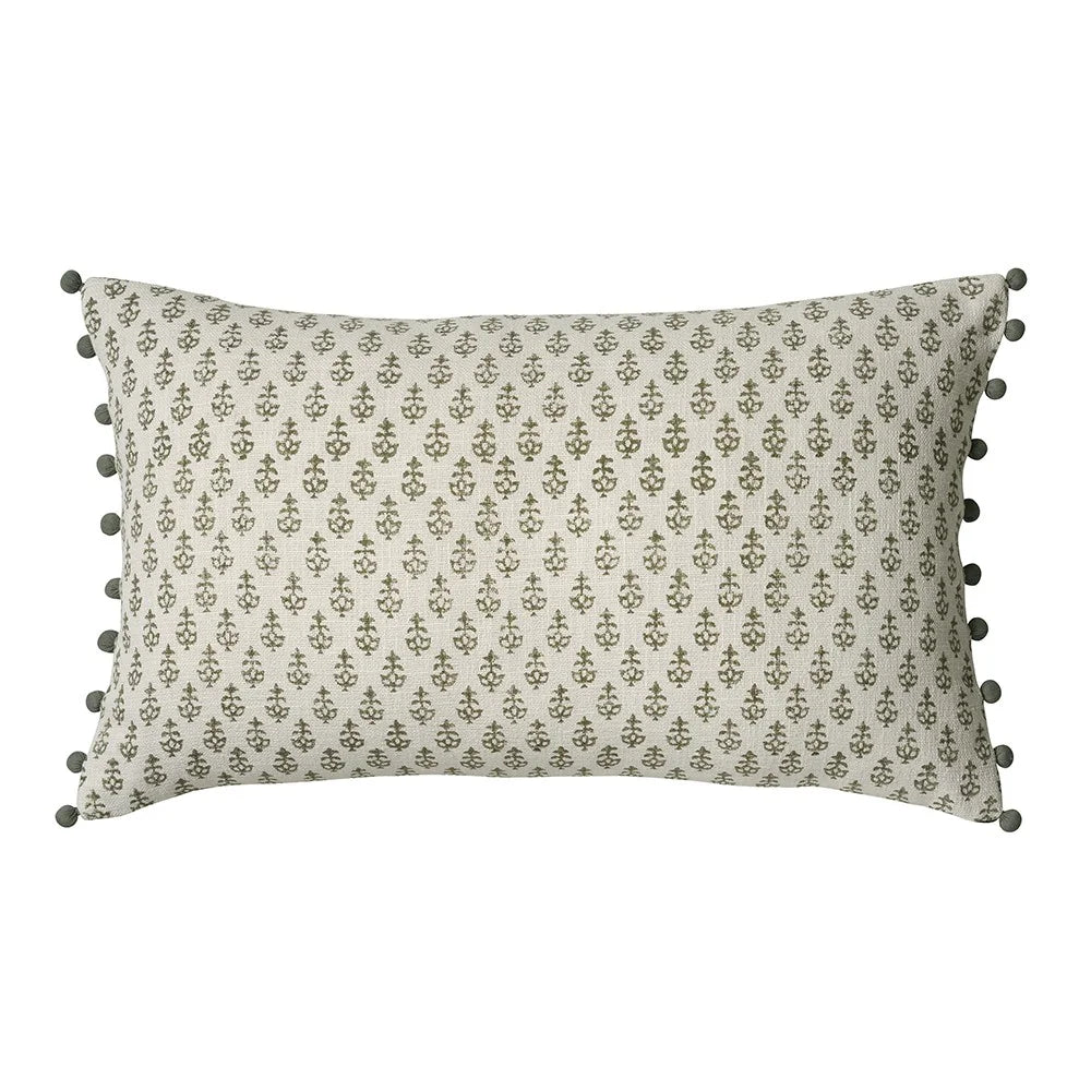 Leaf Block Print Cushion With Pom Poms - Olive
