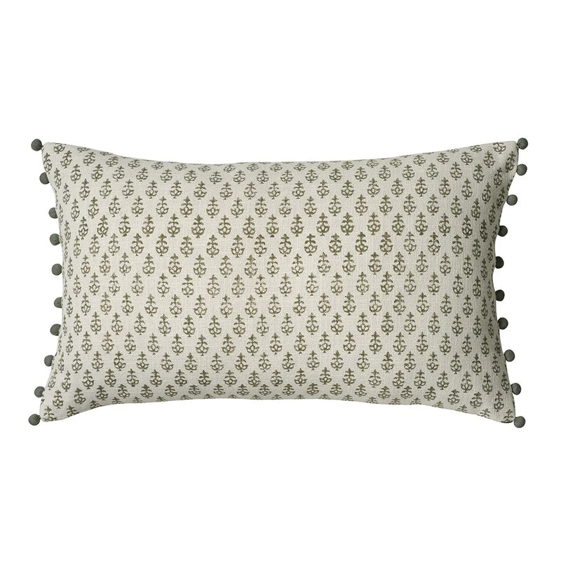 Leaf Block Print Cushion With Pom Poms - Olive