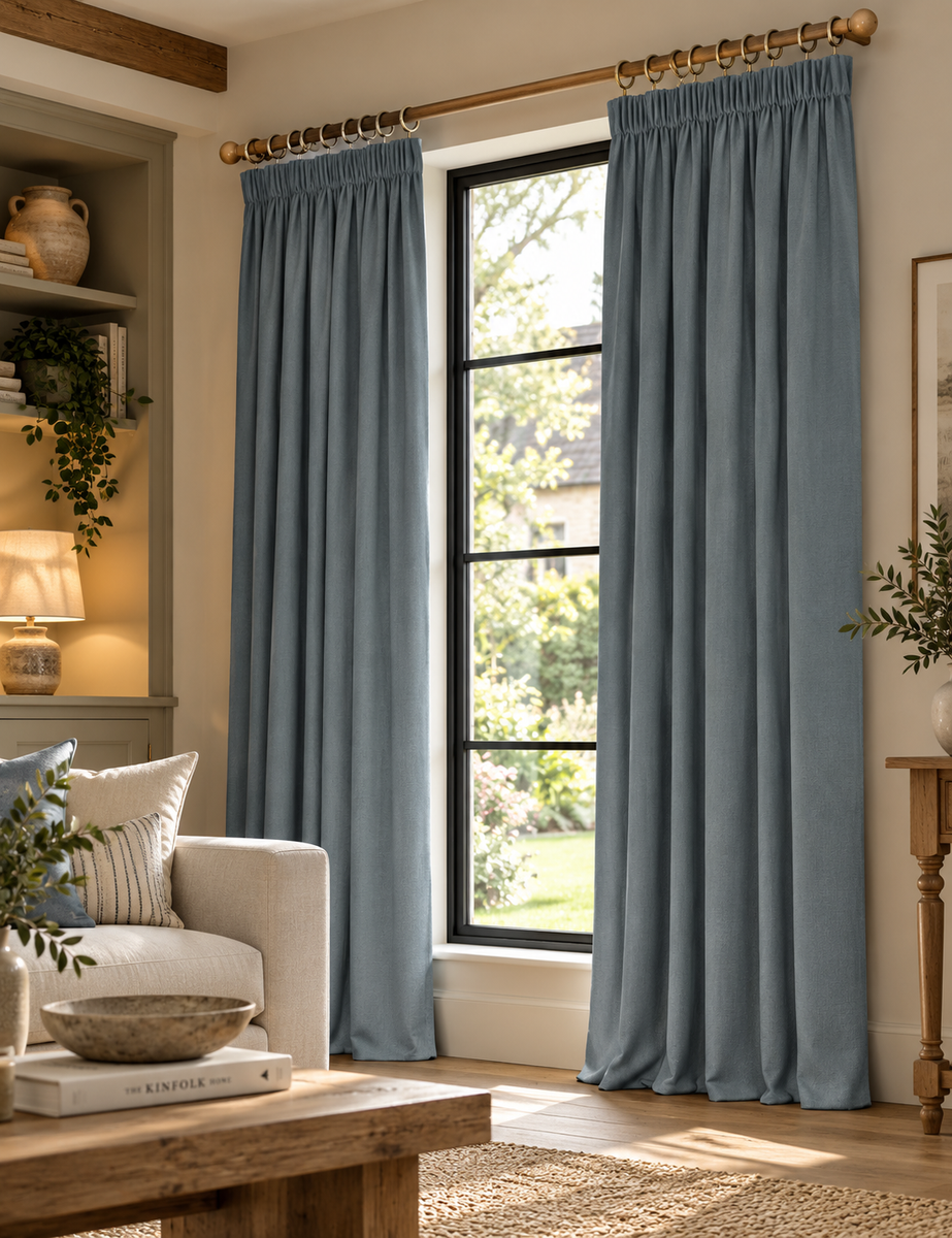 Brushed Pencil Pleat Blackout Thermal Curtains - Blue- 168W x 183Lcm