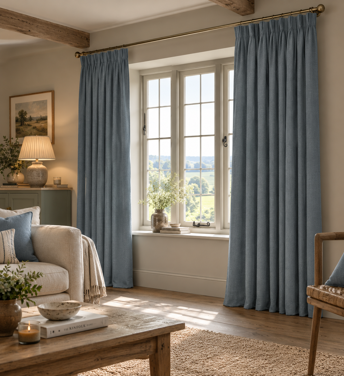 Brushed Pencil Pleat Blackout Thermal Curtains - Blue- 168W x 183Lcm