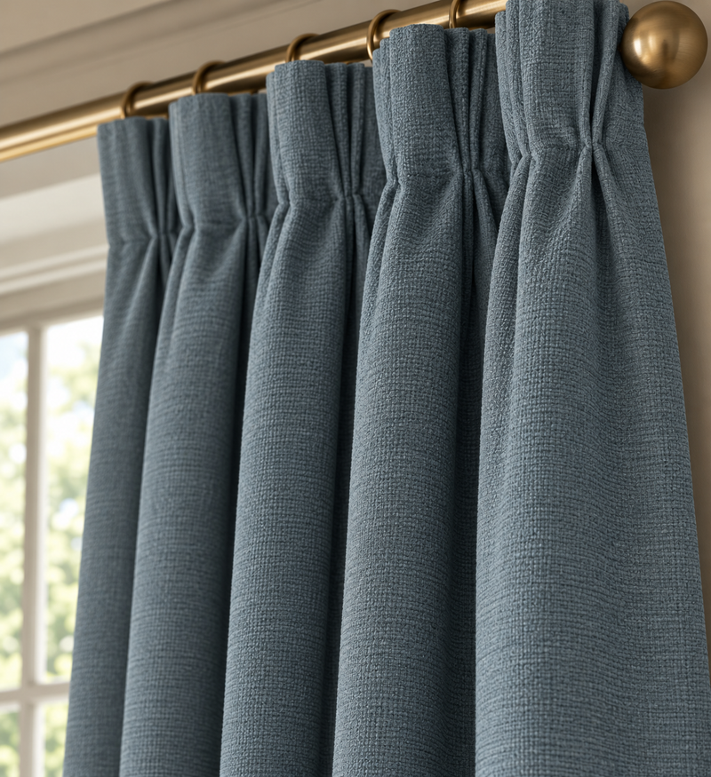 Brushed Pencil Pleat Blackout Thermal Curtains - Blue- 168W x 183Lcm