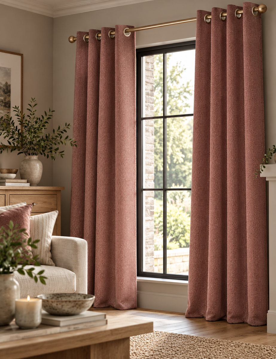 Textured Herringbone Eyelet Curtains - Rust - 168W x 183L cm
