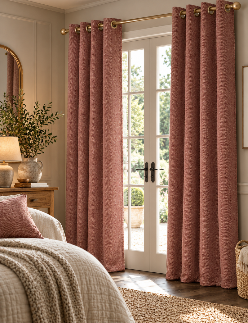 Textured Herringbone Eyelet Curtains - Rust - 168W x 183L cm