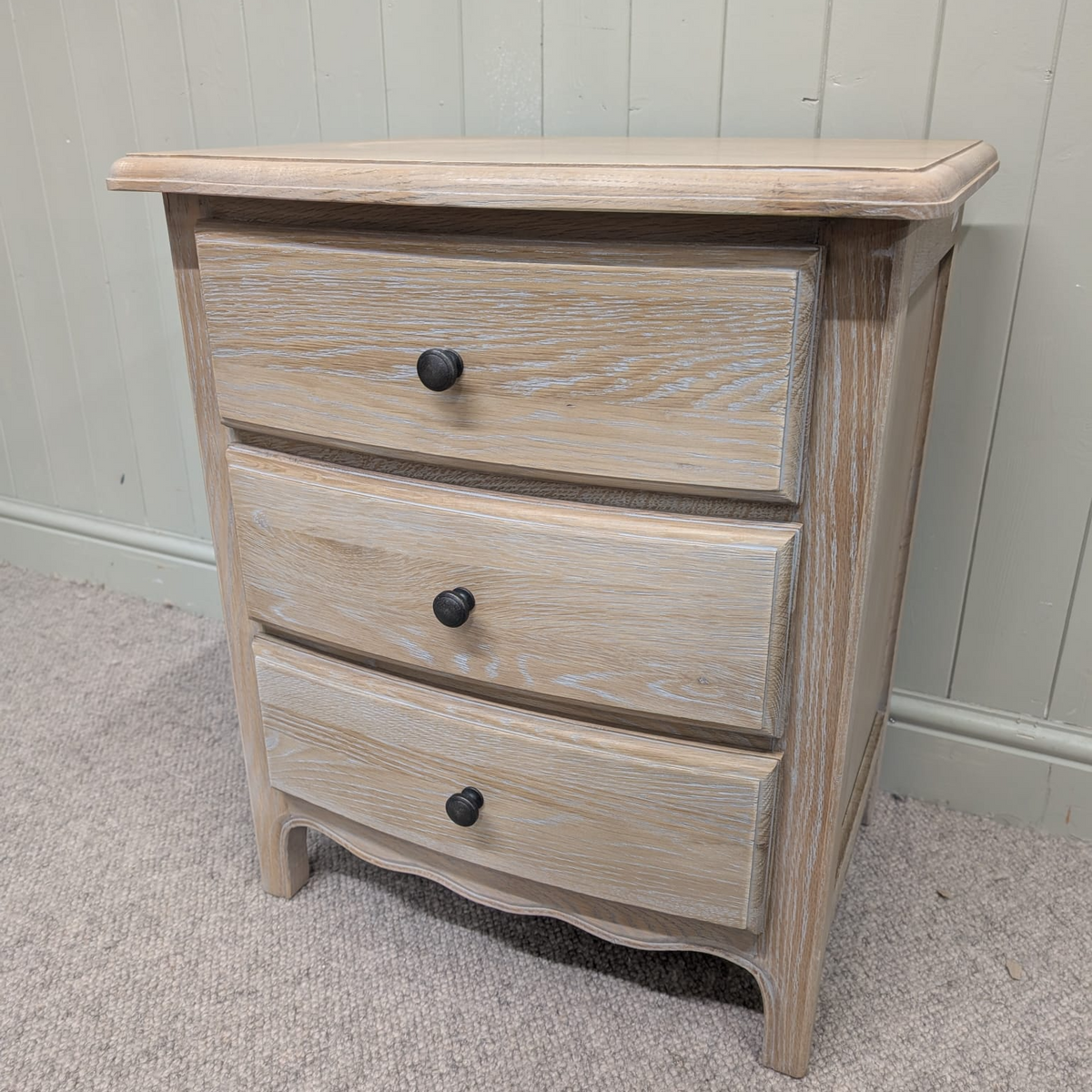 Camille Limewash Oak 3 Drawer Bedside Table