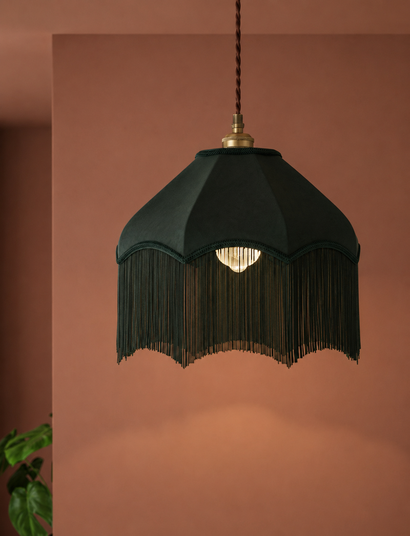 Fringed Velvet Lamp Shade - Dark Green