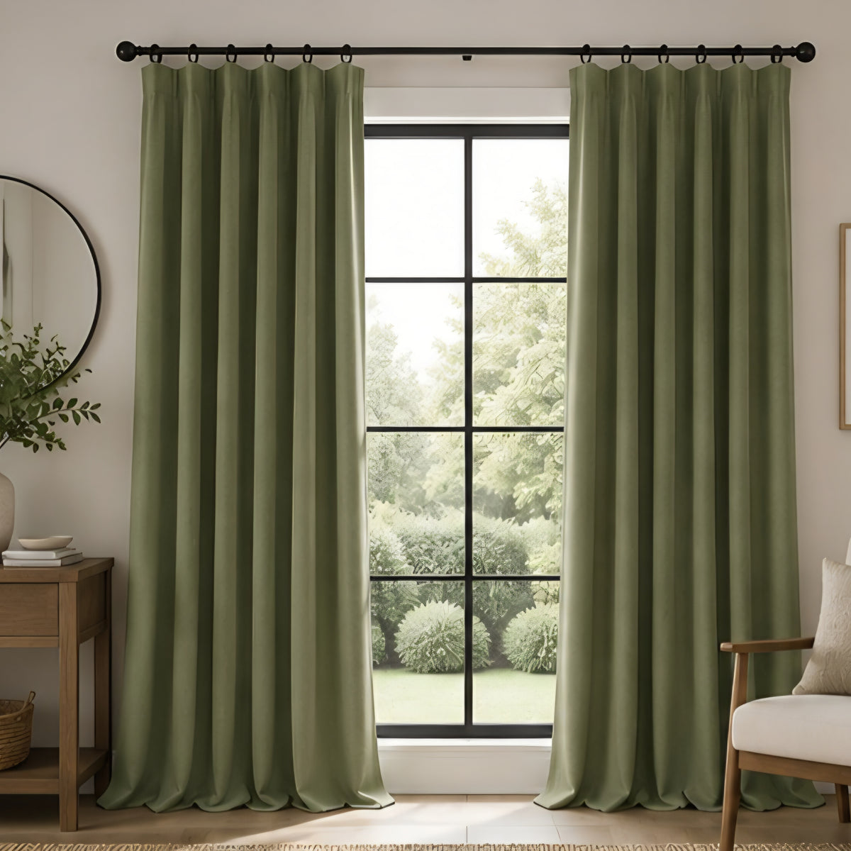 Brushed Pencil Pleat Blackout Thermal Curtains - Olive - 117cm x 229cm
