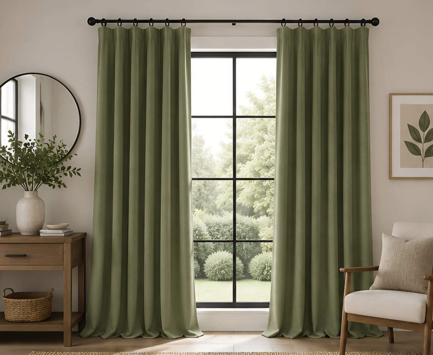 Brushed Pencil Pleat Blackout Thermal Curtains - Olive - 117cm x 229cm
