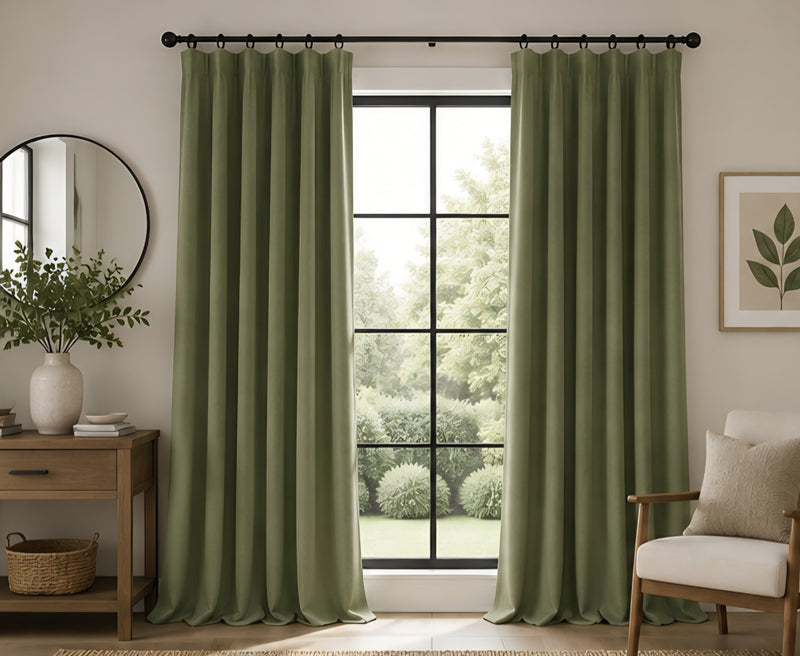 Brushed Pencil Pleat Blackout Thermal Curtains - Olive - 117cm x 229cm