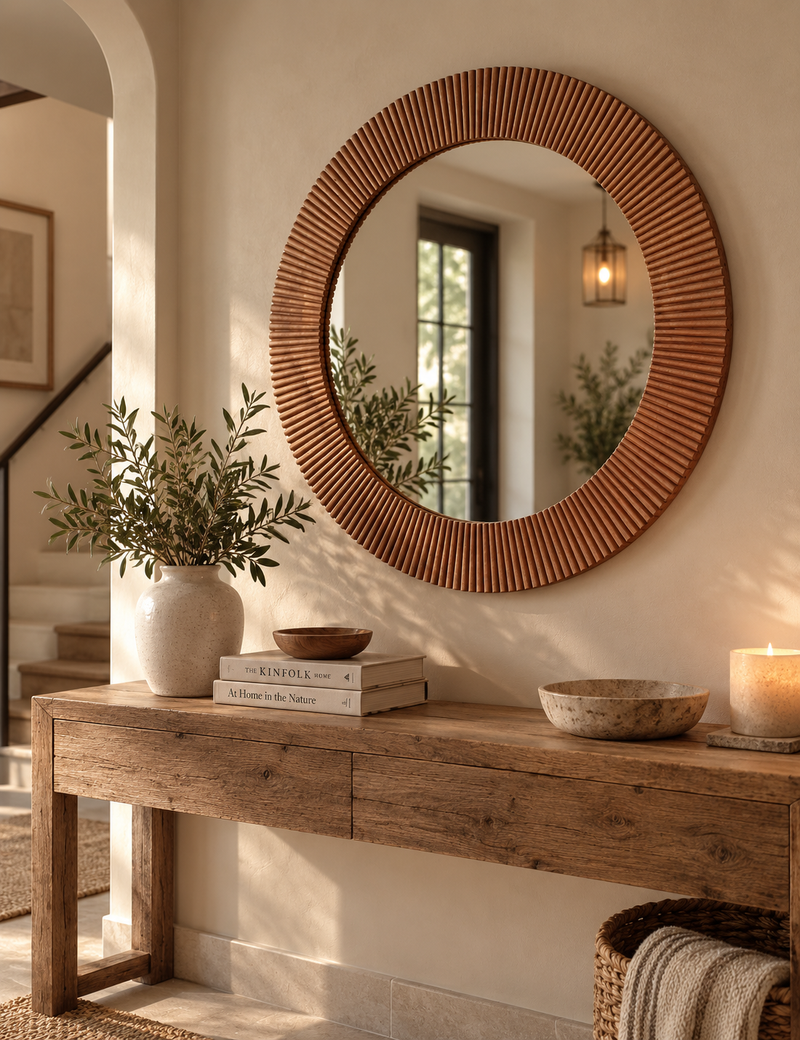 Fredrick Wooden Frame Round Wall Mirror