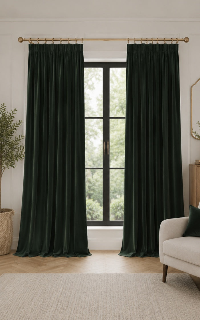 Velvet Pencil Pleat Curtains - Forest Green - 218cm x 229cm
