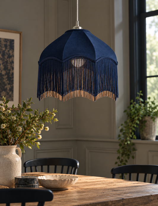 Fringed Velvet Lamp Shade - Navy