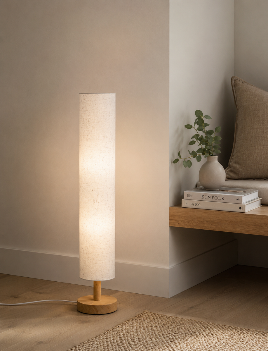Fabric Cylinder Shade Wood Base Floor Lamp