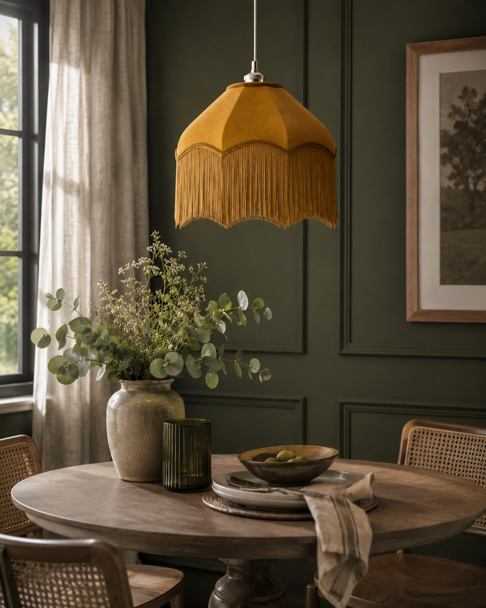 Fringed Velvet Lamp Shade - Mustard