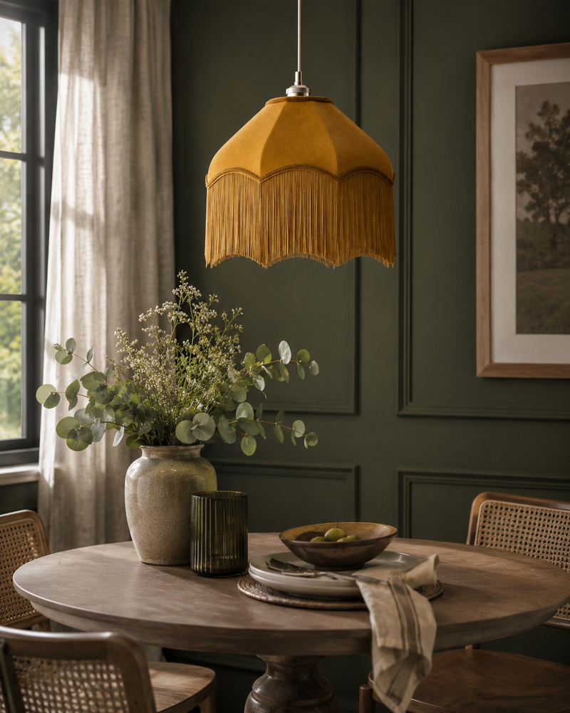 Fringed Velvet Lamp Shade - Mustard