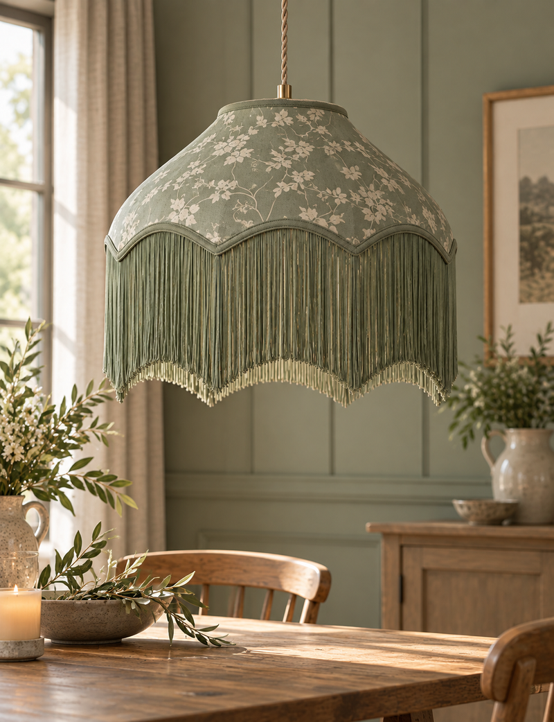 Velvet Cherry Blossom Fringed Lamp Shade - Sage
