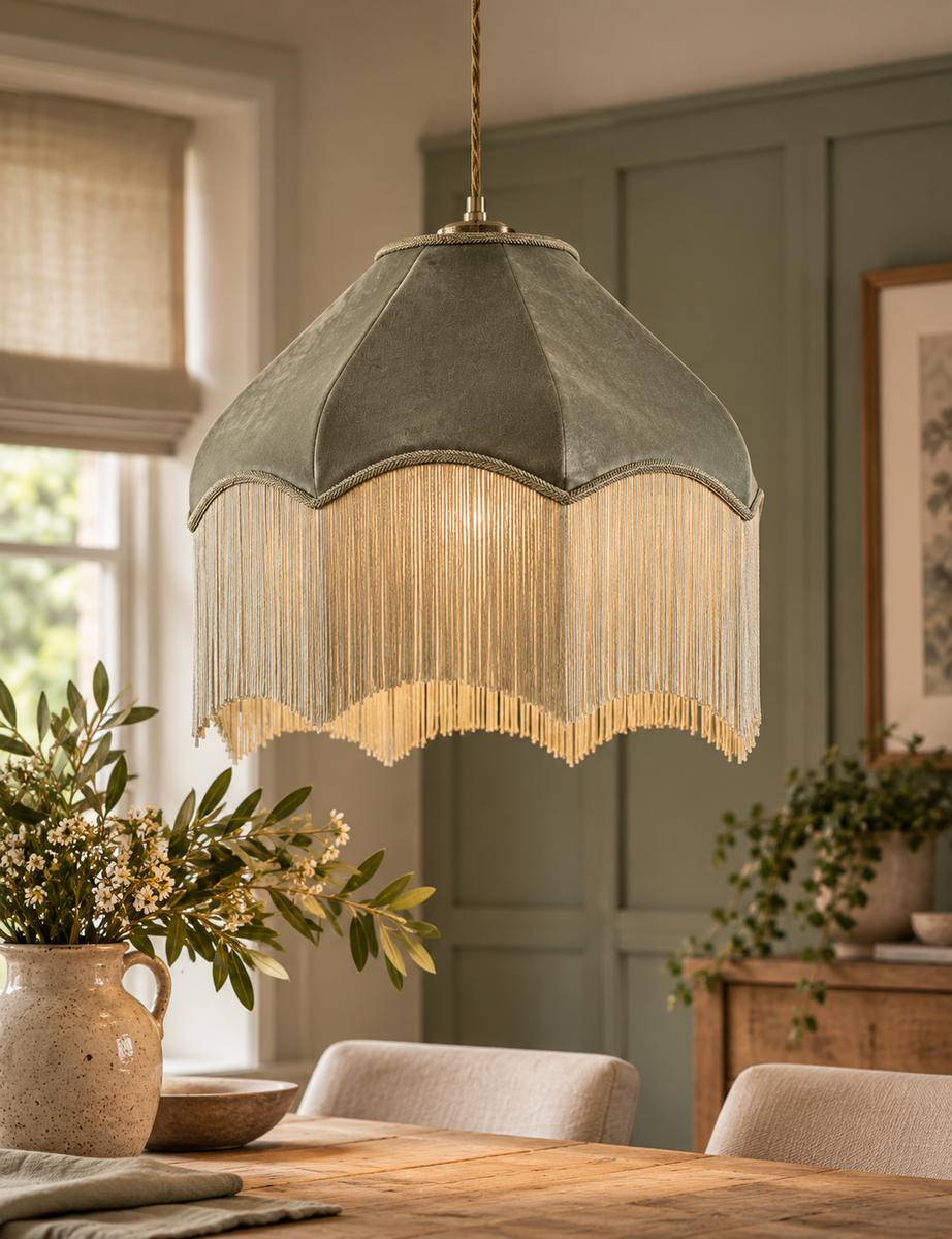 Fringed Velvet Lamp Shade - Taupe