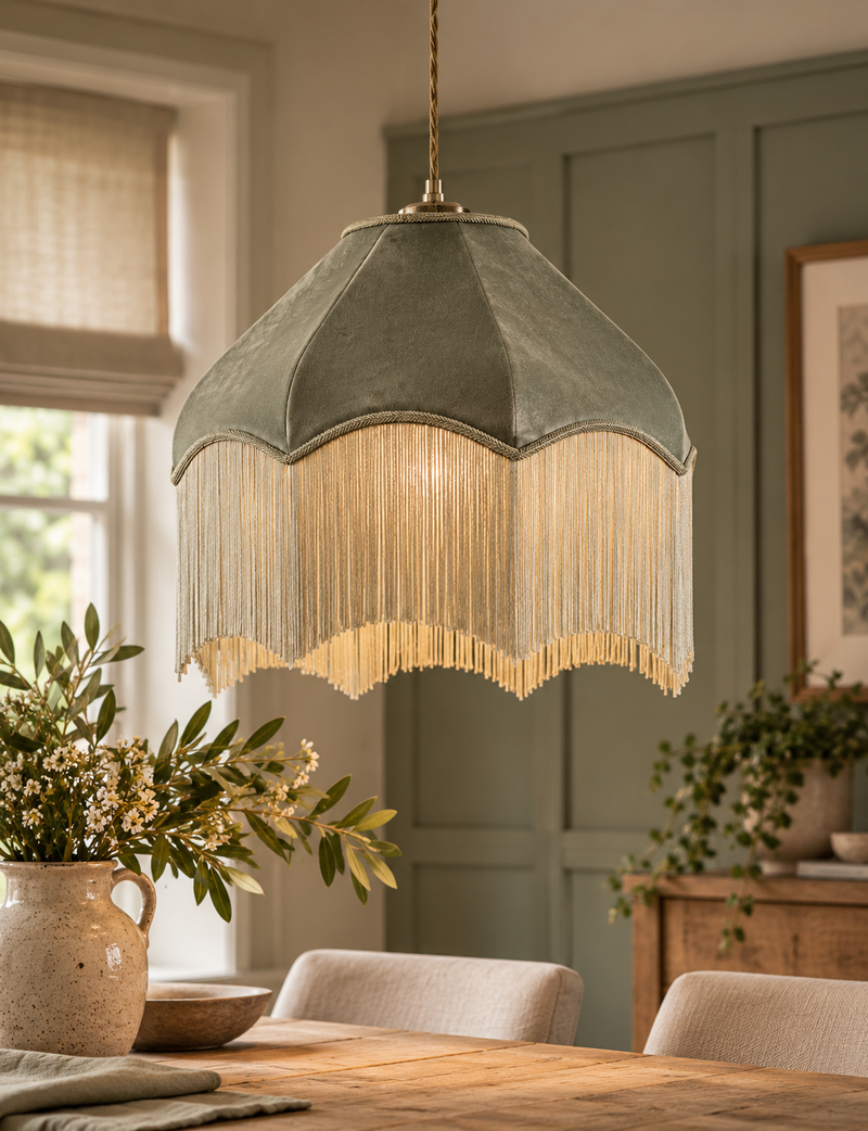 Fringed Velvet Lamp Shade - Taupe