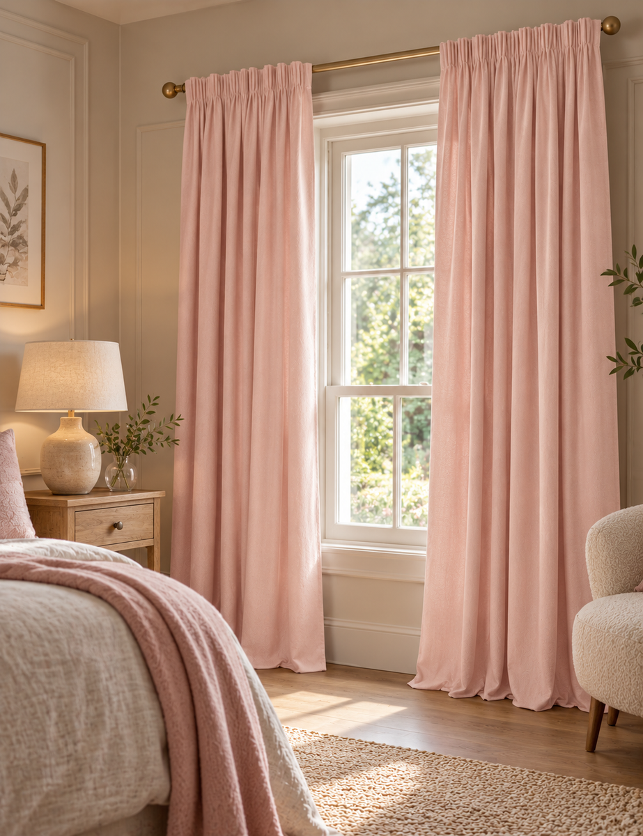 Brushed Pencil Pleat Blackout Ultra Thermal Curtains - Blush - W168cm x L137 cm