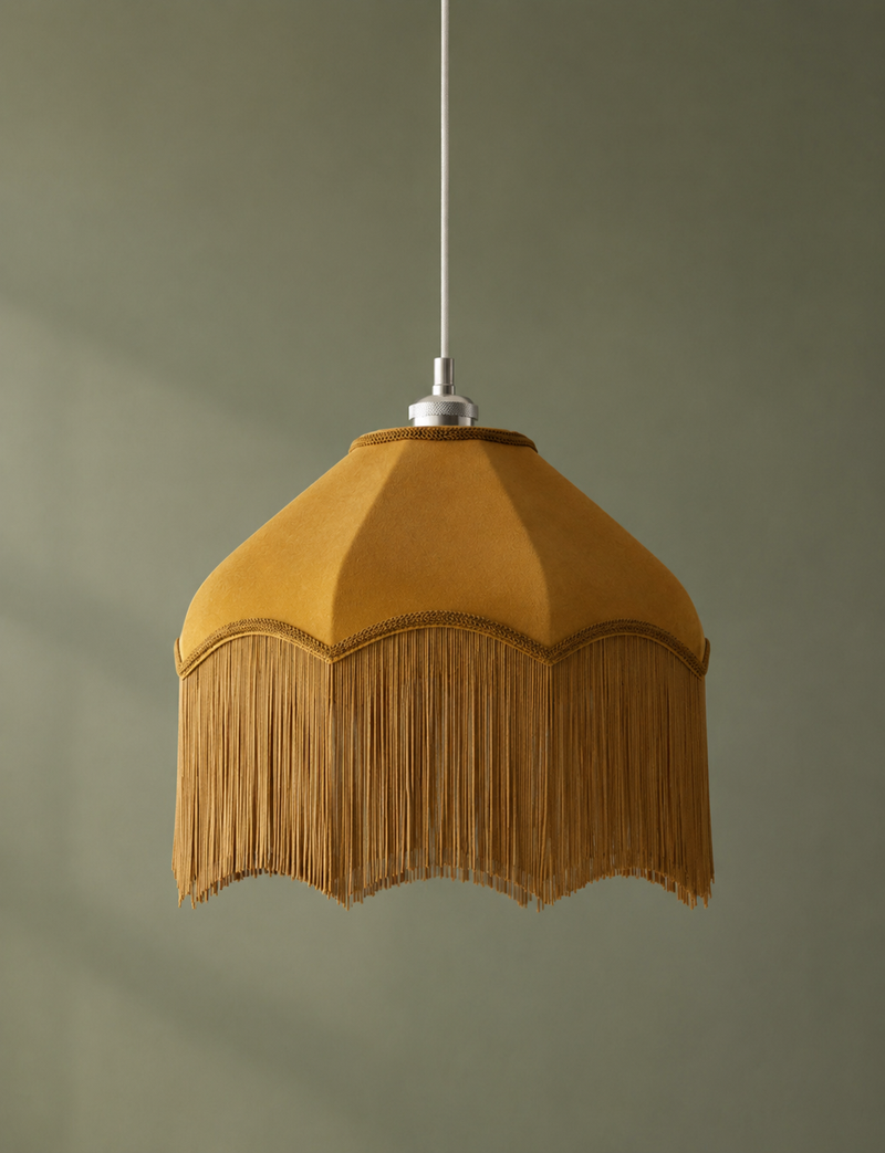 Fringed Velvet Lamp Shade - Mustard