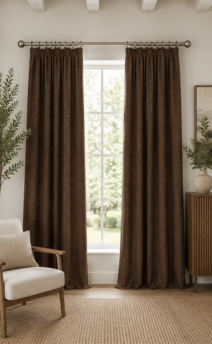 Brushed Pencil Pleat Blackout Thermal Curtains - Chocolate - 117cm x 229cm