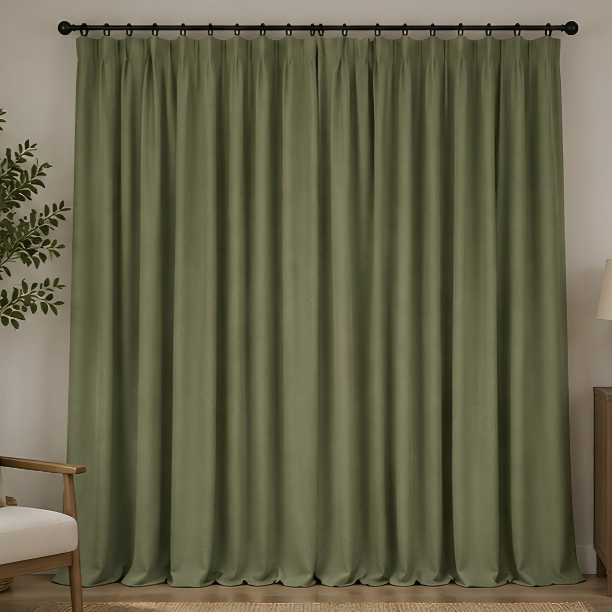 Brushed Pencil Pleat Blackout Thermal Curtains - Olive - 117cm x 229cm