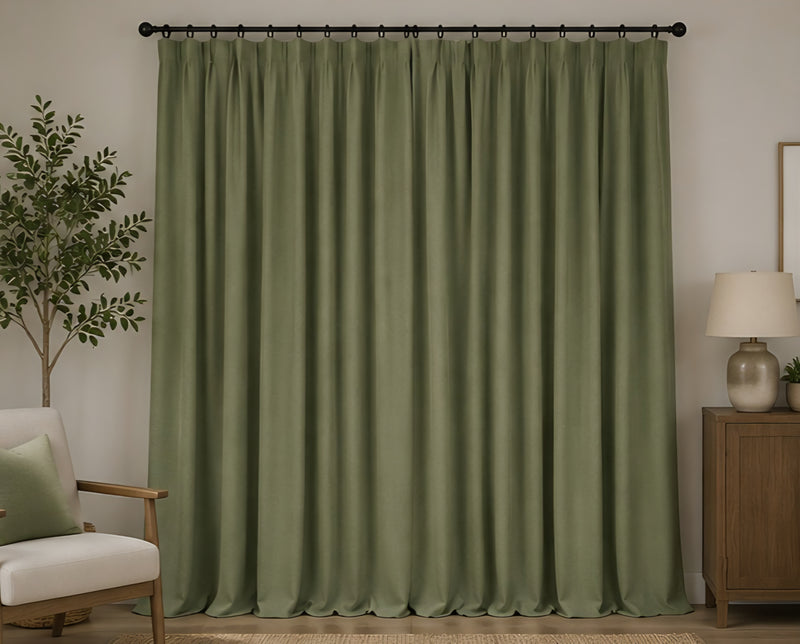 Brushed Pencil Pleat Blackout Thermal Curtains - Olive - 117cm x 229cm