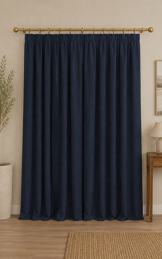 Brushed Pencil Pleat Blackout Thermal Curtains - Navy - 168cm x 229cm