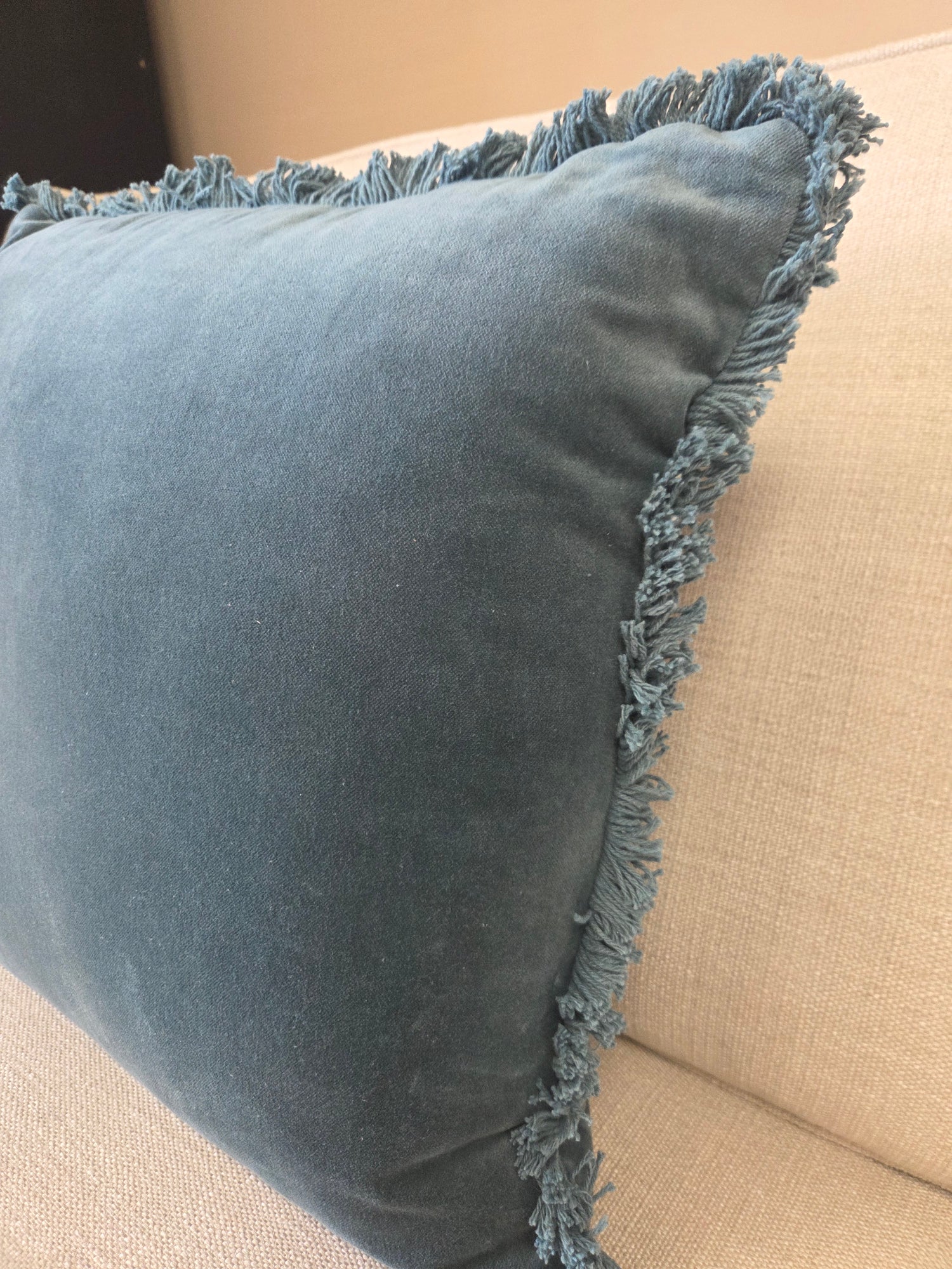 Cotton Velvet Fringed Cushion - Kingfisher