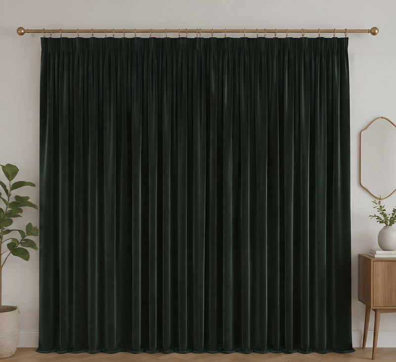 Velvet Pencil Pleat Curtains - Forest Green - 218cm x 229cm