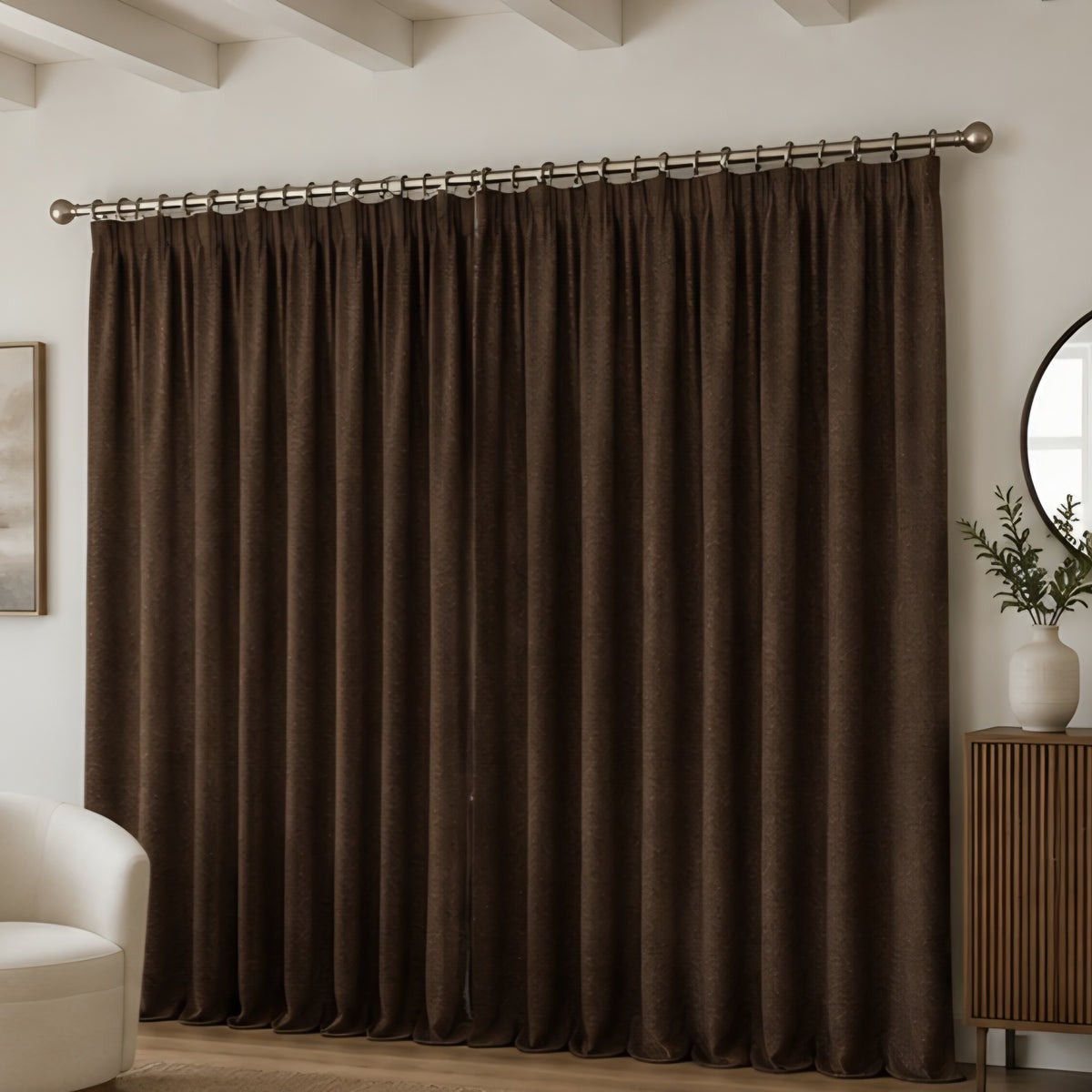 Brushed Pencil Pleat Blackout Thermal Curtains - Chocolate - 117cm x 229cm