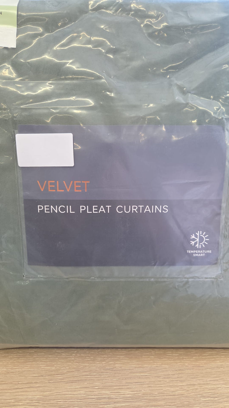 Velvet Pencil Pleat Curtains - Green - 168cm x 229cm