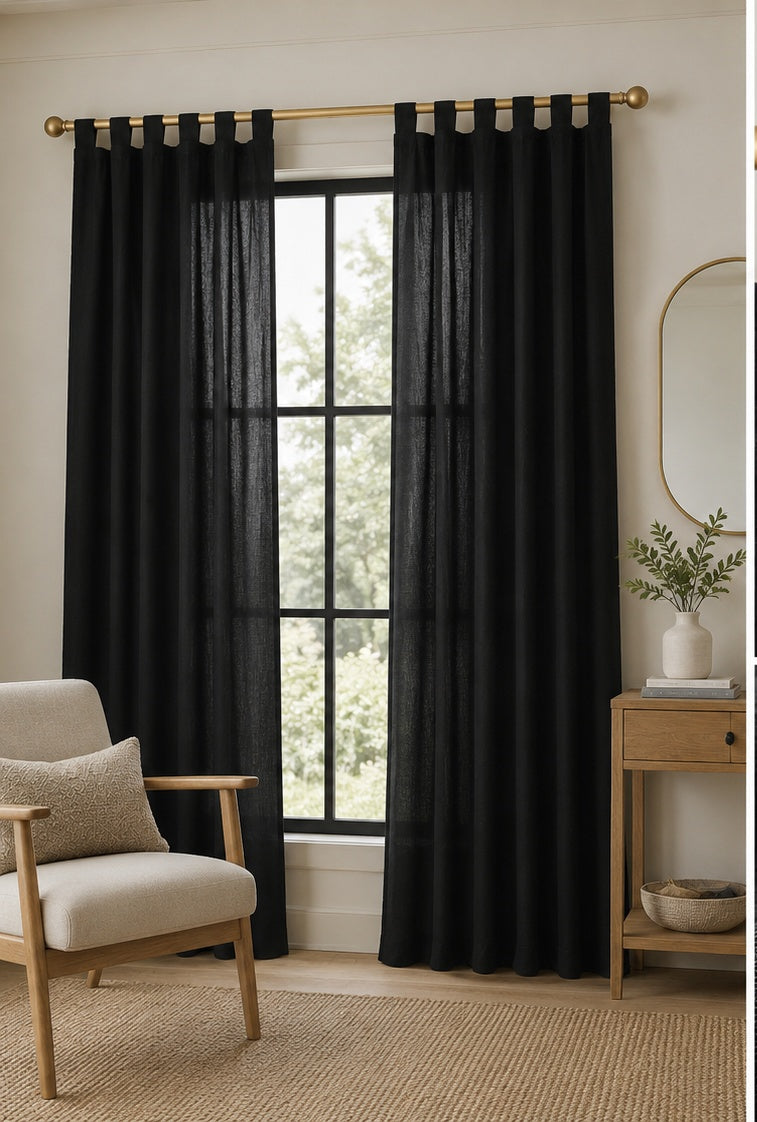 Sheer Linen Tab Top Curtains - Charcoal - 229cm x 275 cm