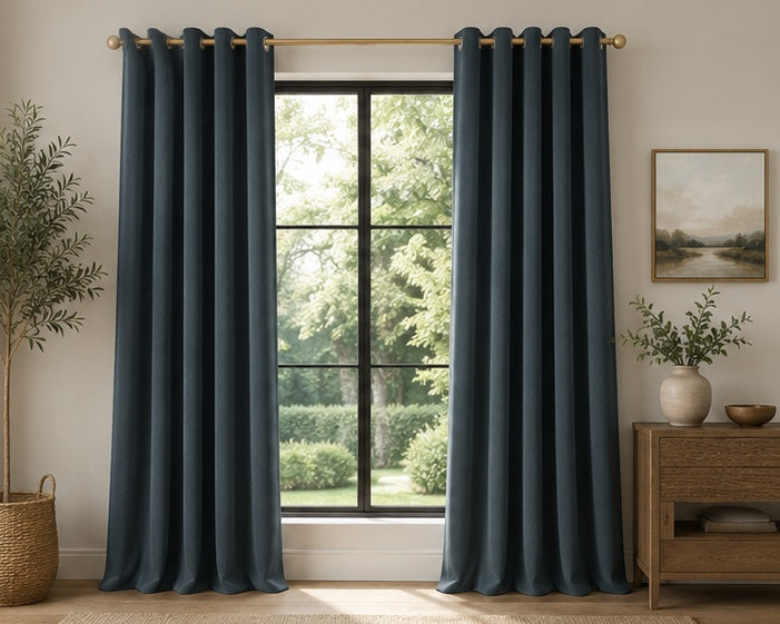 Velvet Eyelet Curtains - Slate Blue - 117cm x 137cm