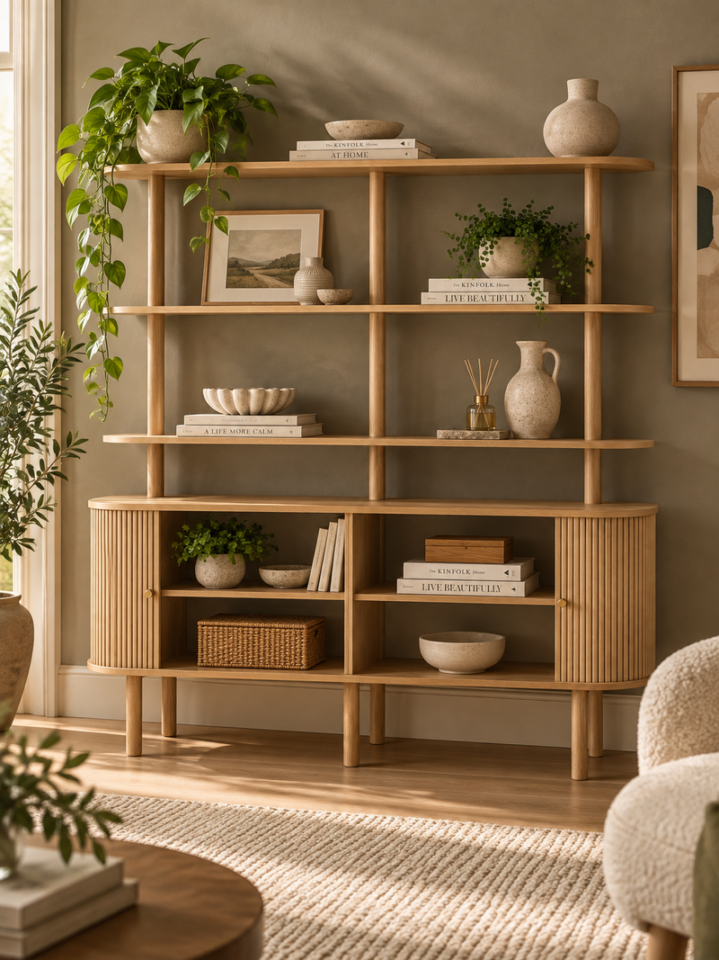 Large Shelving Unit with Fluted Front - Light Oak Wood