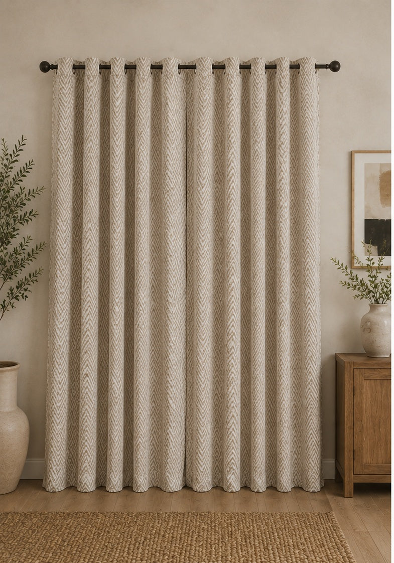 Textured Herringbone Eyelet Curtains - Neutral Brown - 168cm x 229cm