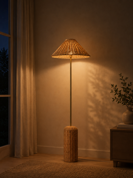 Lotus Rattan Floor Lamp - Antique Brass