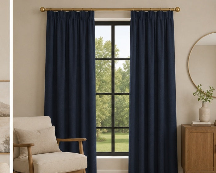 Brushed Pencil Pleat Blackout Thermal Curtains - Navy - 168cm x 229cm