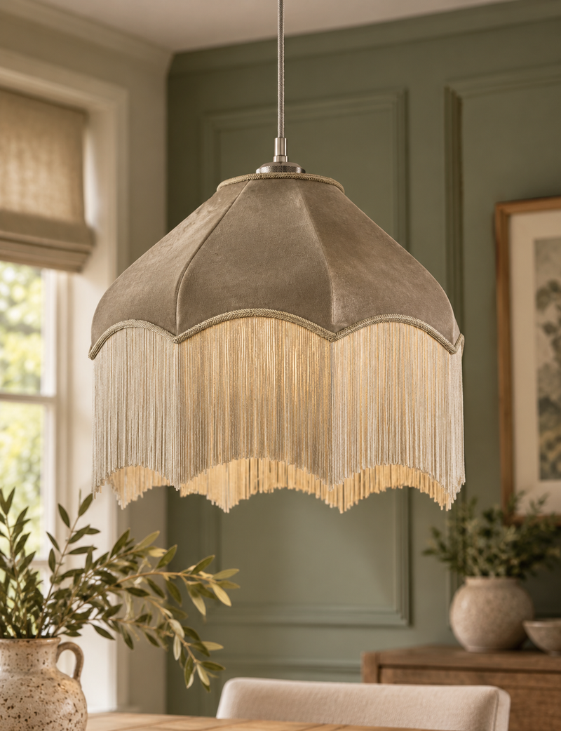 Fringed Velvet Lamp Shade - Taupe