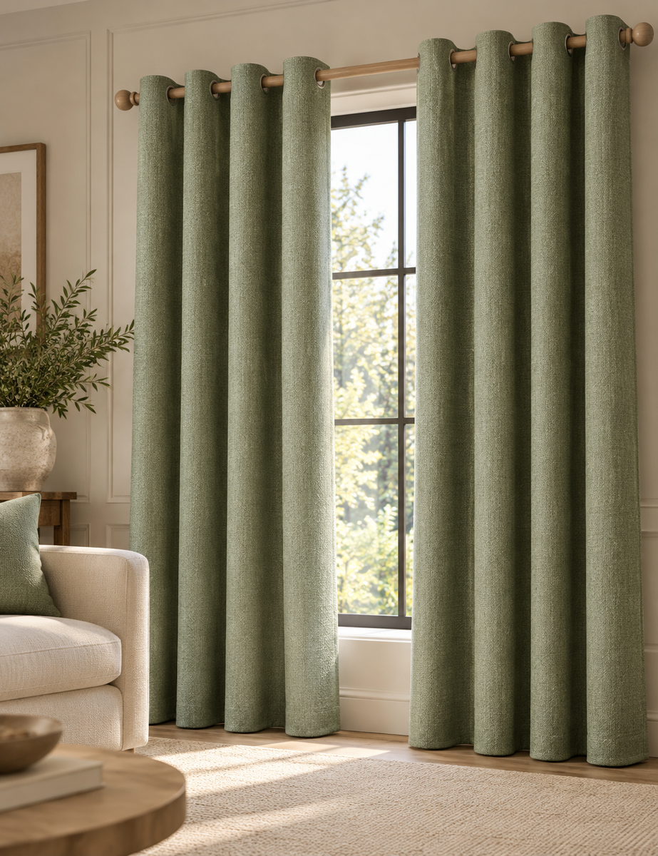 Basketweave Eyelet Curtains - Green - W168 x L229 cm