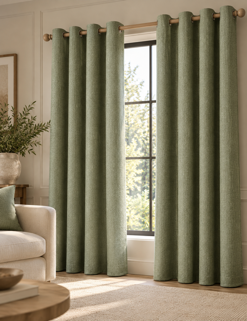 Basketweave Eyelet Curtains - Green - W168 x L229 cm