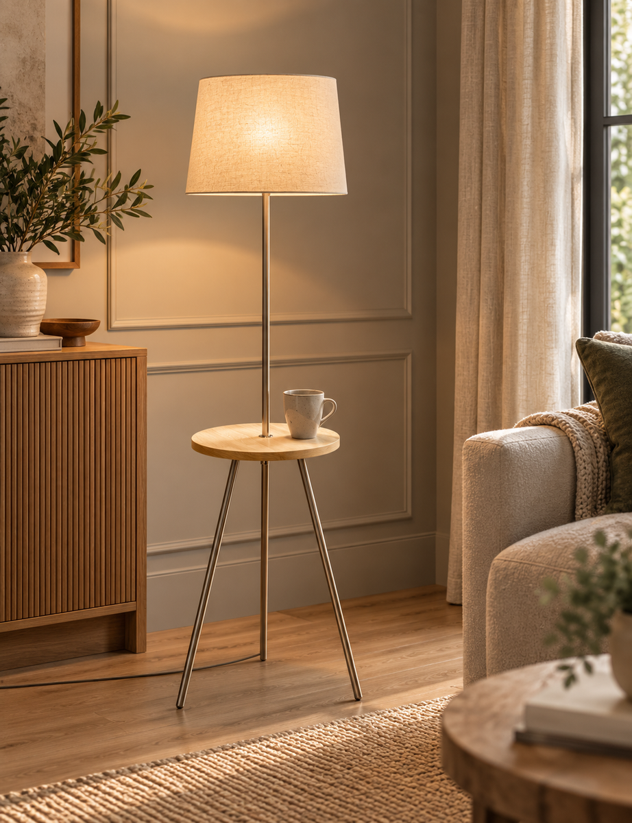 Wooden Table Floor Lamp - Cream