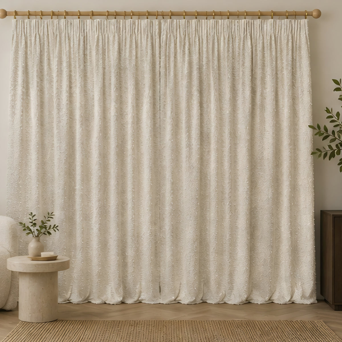 Bouclé Pencil Pleat Curtains - Ecru - 117cm x 137 cm