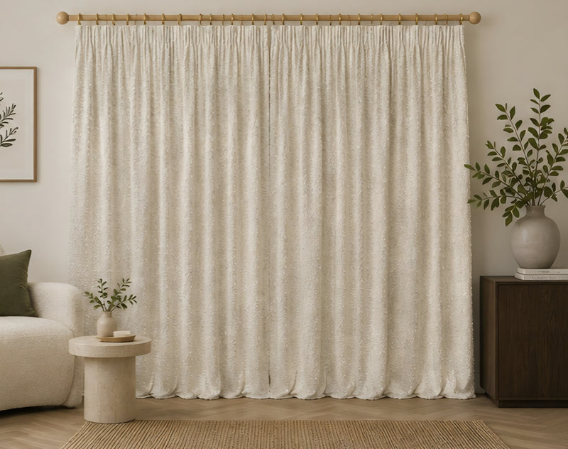 Bouclé Pencil Pleat Curtains - Ecru - 117cm x 137 cm