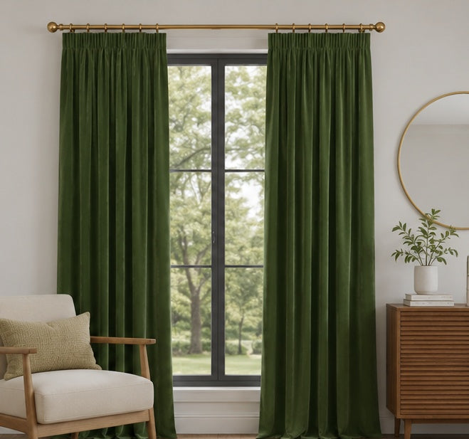 Velvet Pencil Pleat Curtains - Green - 168cm x 229cm