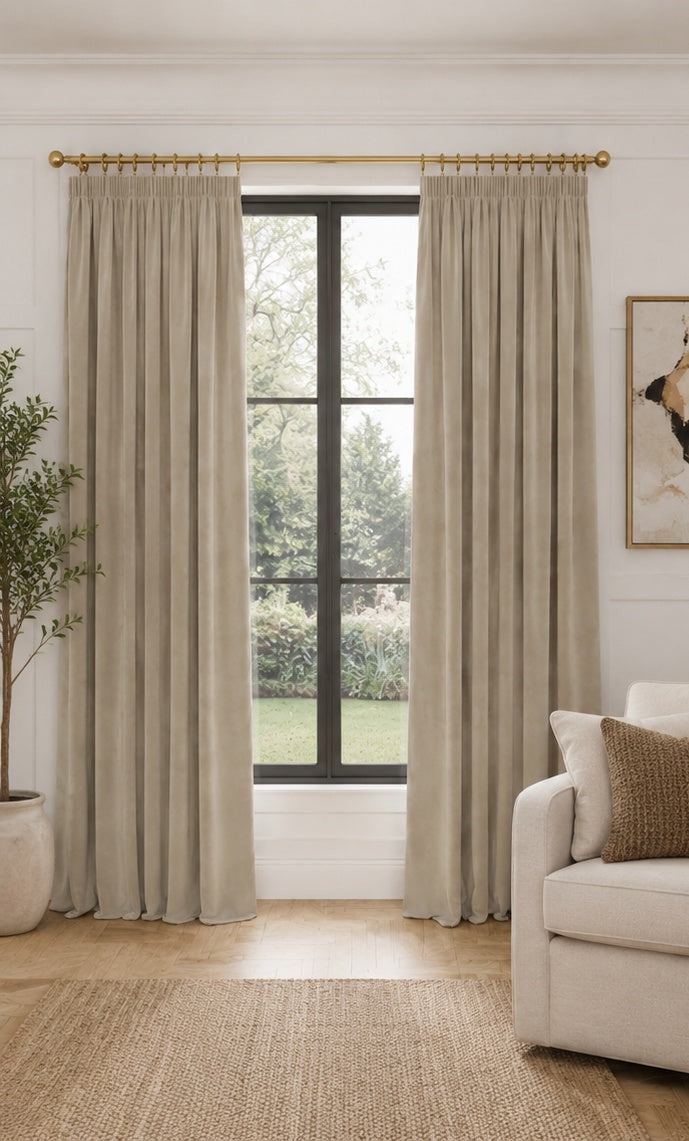 Velvet Pencil Pleat Curtains - Champagne - 218cm x 229cm Imperfect