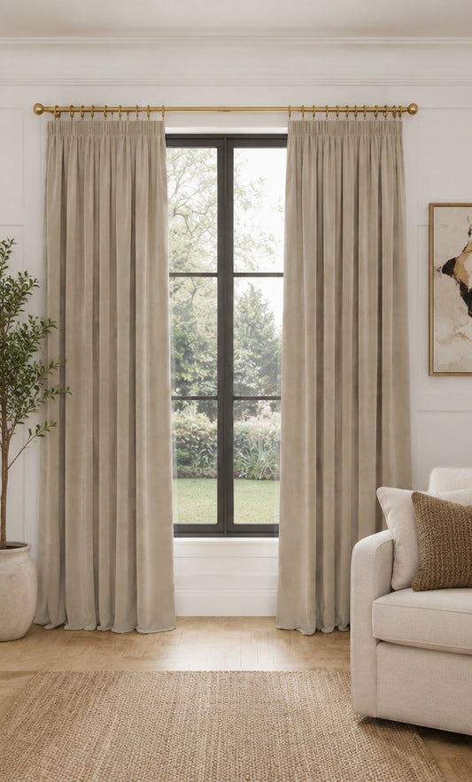 Velvet Pencil Pleat Curtains - Champagne - 218cm x 229cm Imperfect
