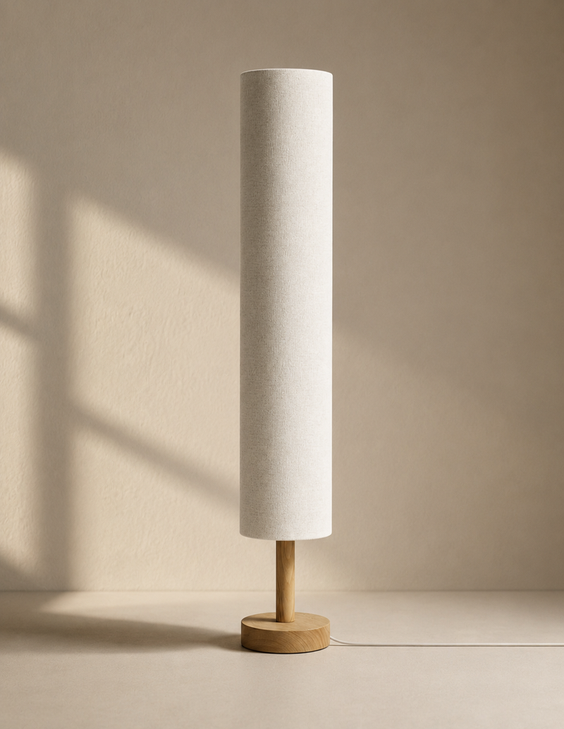 Fabric Cylinder Shade Wood Base Floor Lamp