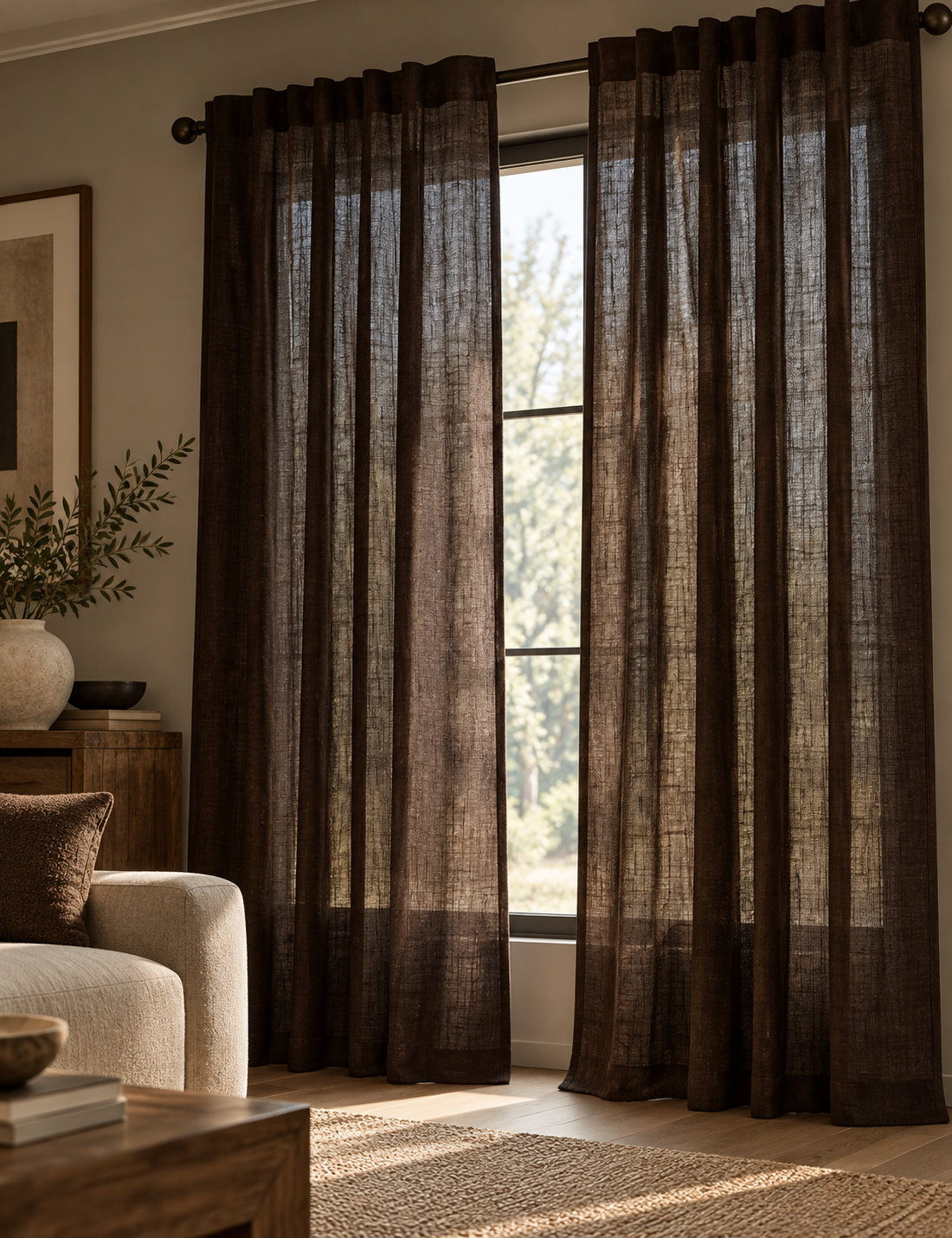 Cotton Linen Blend Sheer Multiway Curtains - Chocolate - 168cm x 229cm