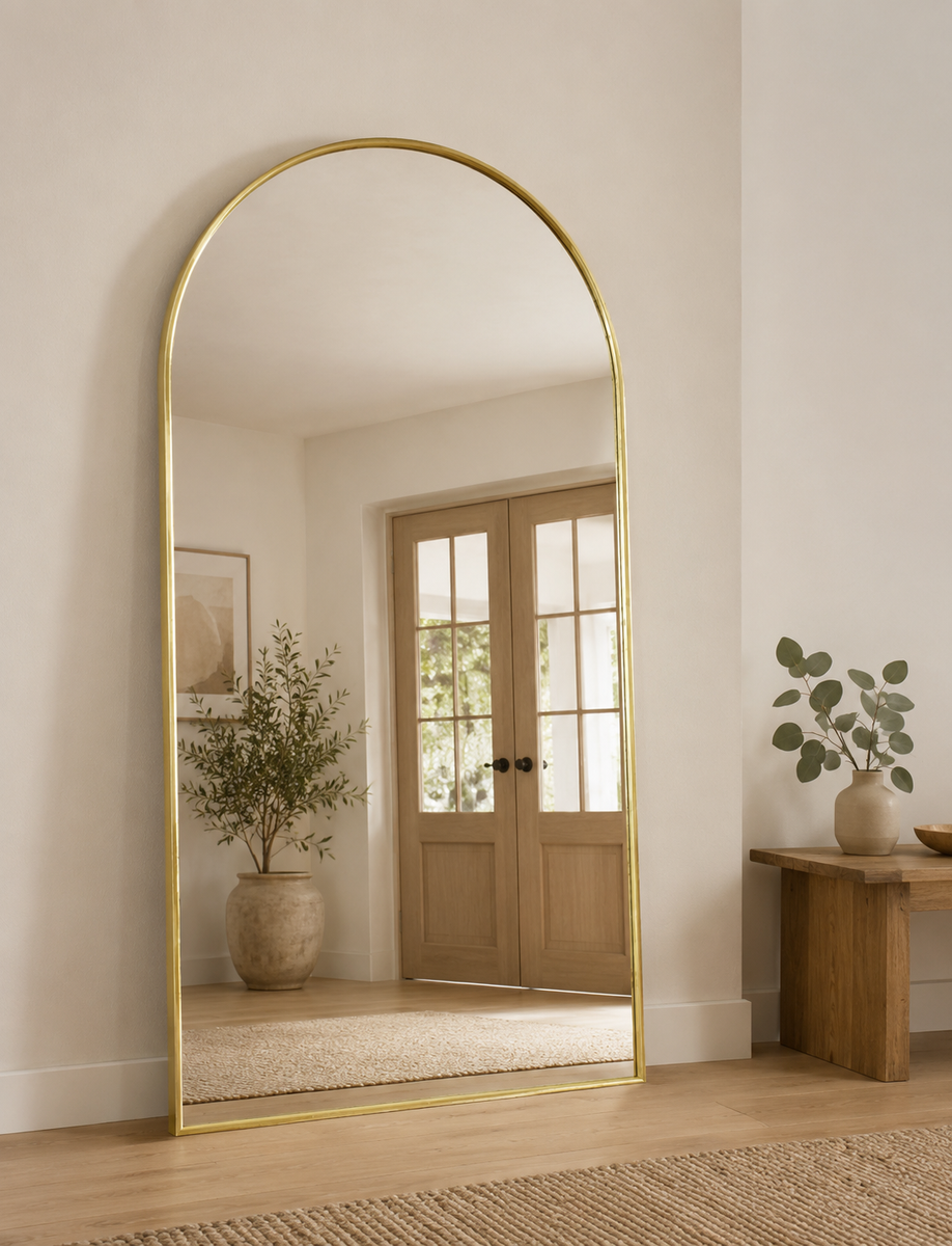 Metal Arch Free Standing Mirror - Antique Brass